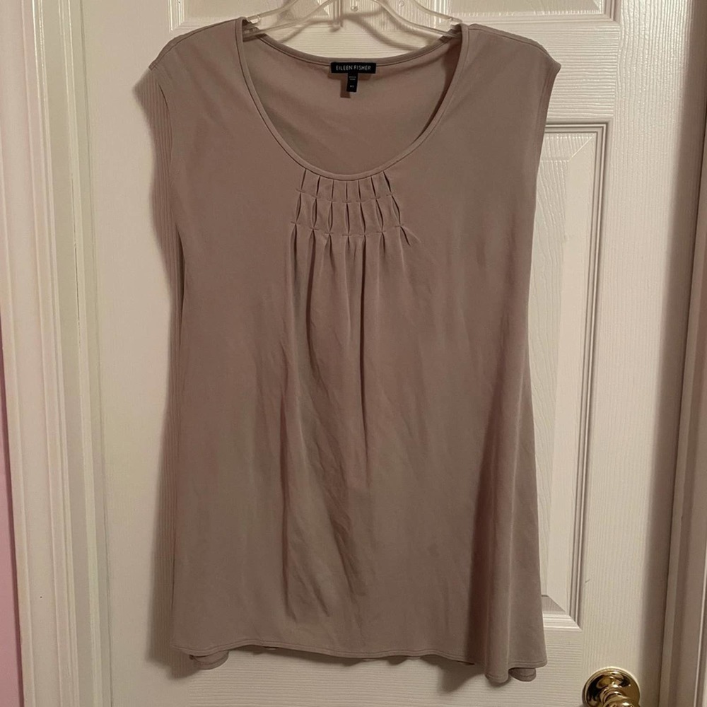 Eileen Fisher Taupe Pleated Scoop Neck Cap Sleeve Top